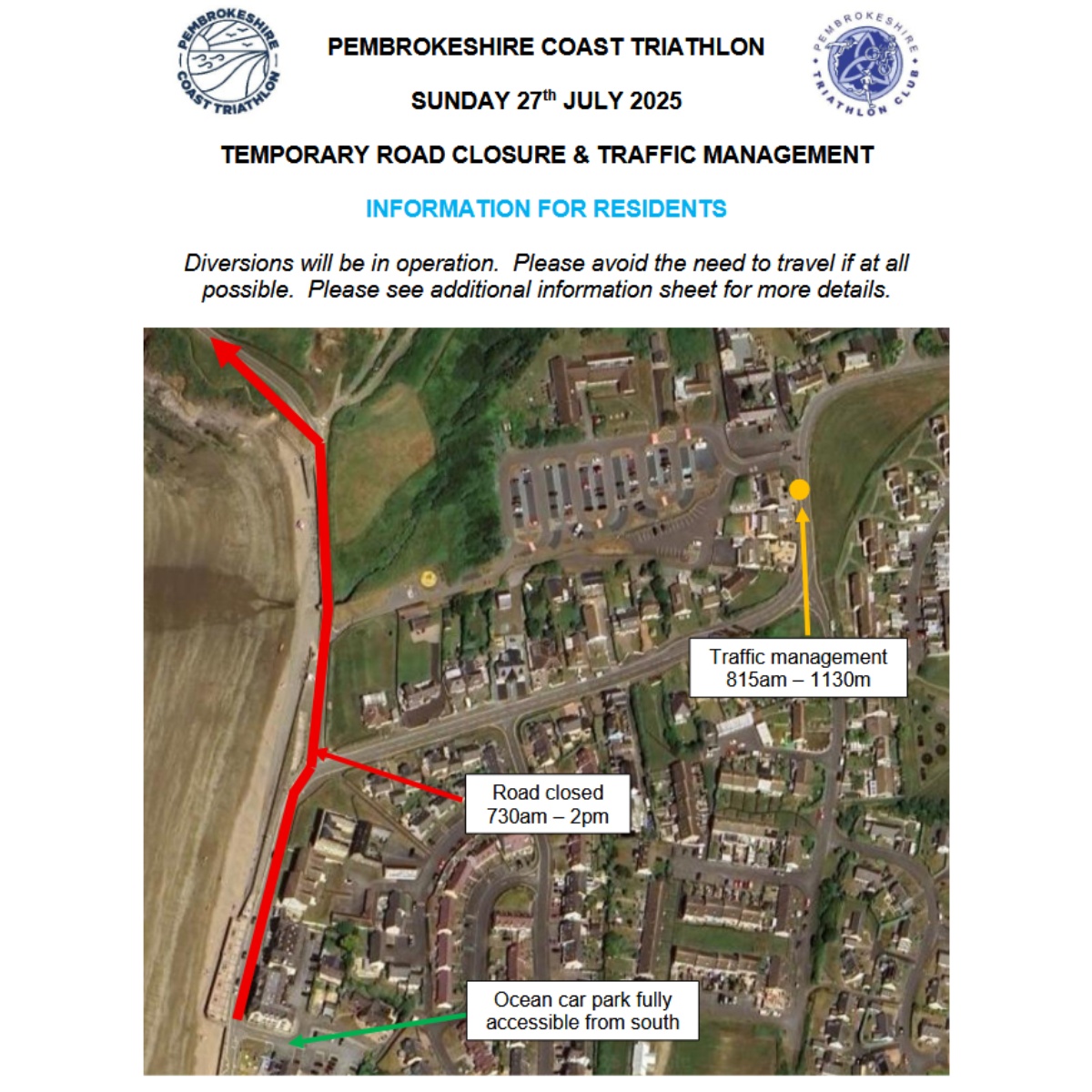 Pembrokeshire Coast Triathlon 27th July 2025 Road Closures in Broad Haven